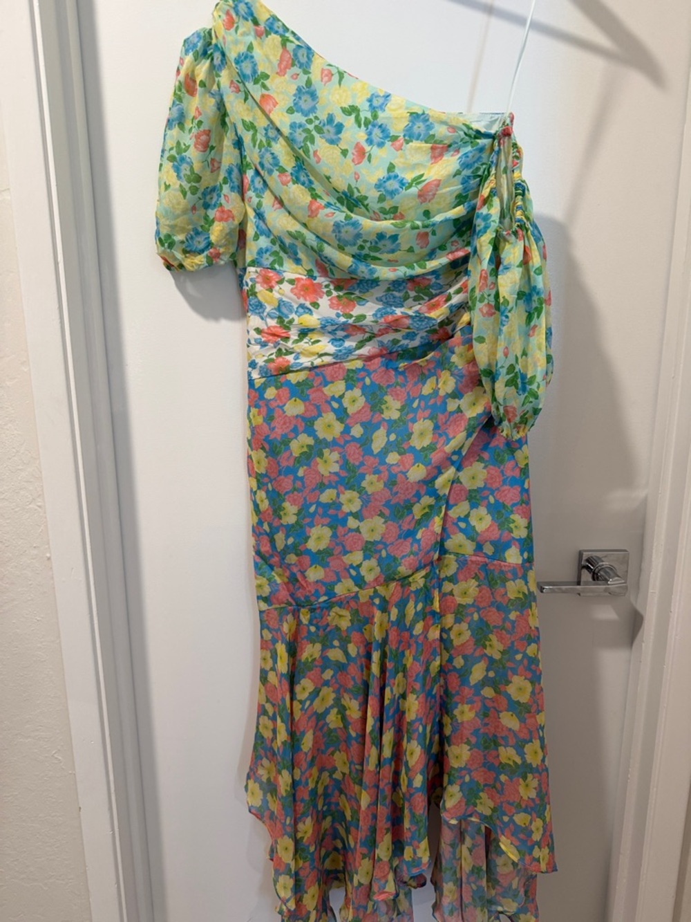 AMUR Floral One-Shoulder Dress in Yellow, Blue & Pink, size 4.
